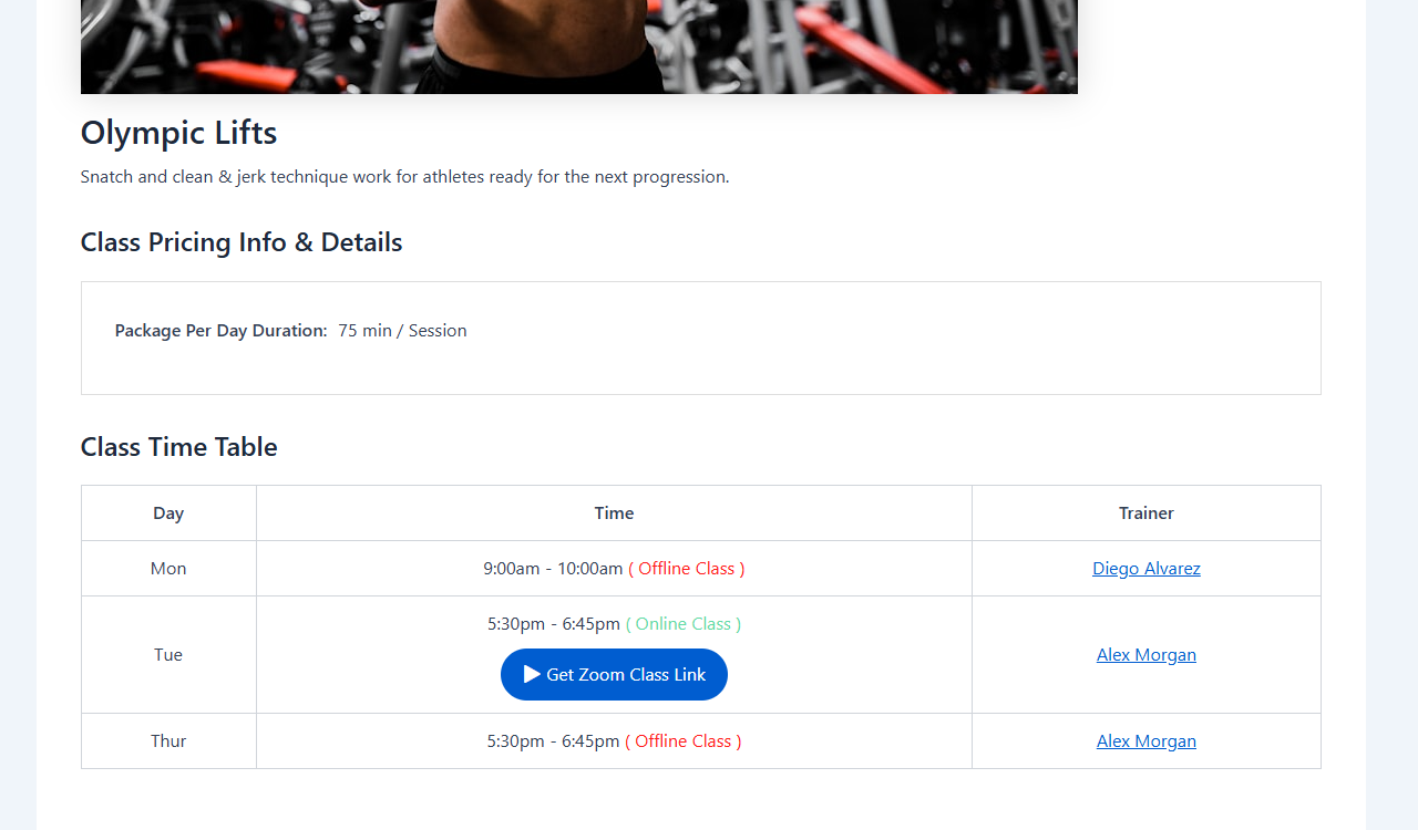 Single class page Class Time Table showing the Get Zoom Class Link button next to an online slot