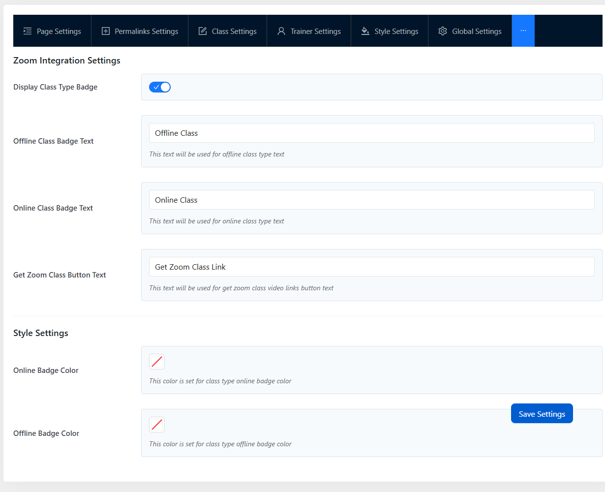 Gym Builder Zoom Integration Settings tab showing badge toggles, badge text fields, button text and badge colors